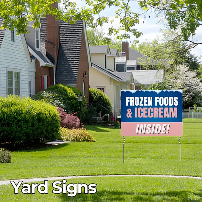 Frozen Foods & Ice Cream Inside! Yard Sign by DC | 24"x18" Double Sided Conv. Store Garden Sign with 13” Metal Stakes | Outdoor Signs Waterproof for Lawn, Patio, Sidewalk & House | Set of 2