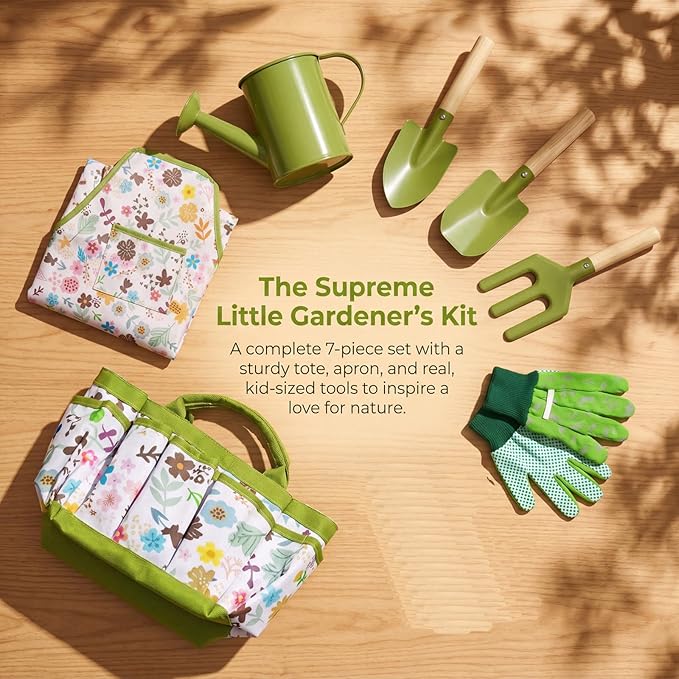 Kids Gardening Set, Gardening Tools Kit for Kids Toddler, Includes Tote Bag, Apron, Gloves, Watering Can, Shovel, Rake, Garden Tool Set Outdoor Toys Gifts for Boys Girls (Green Flower)