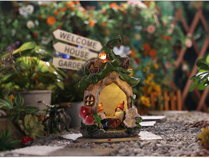Outdoor Fairy House Garden Statues Accessories with Solar Lights Gnomes Gardening Birthday Gifts for Women Mom Grandma, House Sculpture Figurine Outside Garden Decorations for Yard Patio Porch Decor