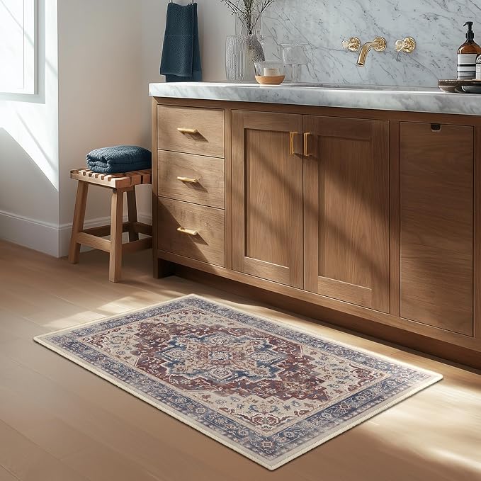 Maroon Blue 2x3 Entryway Rug, Modern Vintage Washable Kitchen Rugs Non Slip, Ultra Thin Medallion Door Mat Indoor Entrance Back Front Door, Small Rug for Inside Entry/Foyer/Bathroom/Bedside