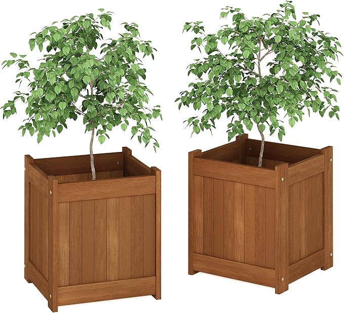 Furinno TIOMAN Planter Box Set of 2, Hardwood Flower Box, Cube Garden Box, in Teak Oil, Outdoor Indoor, Garden, Patio, Balcony, Light Wood