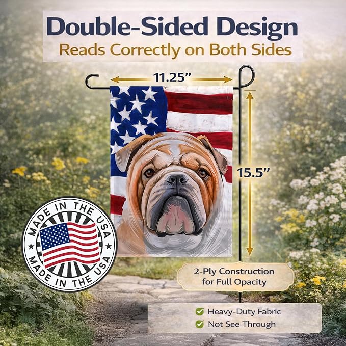 Caroline's Treasures CK6468GF English Bulldog Dog American Flag Garden Flag Mailbox Flag Decorative Yard Flag Banner Outside Patio Artwork Yard Flower Beds, Garden Size, Multicolor