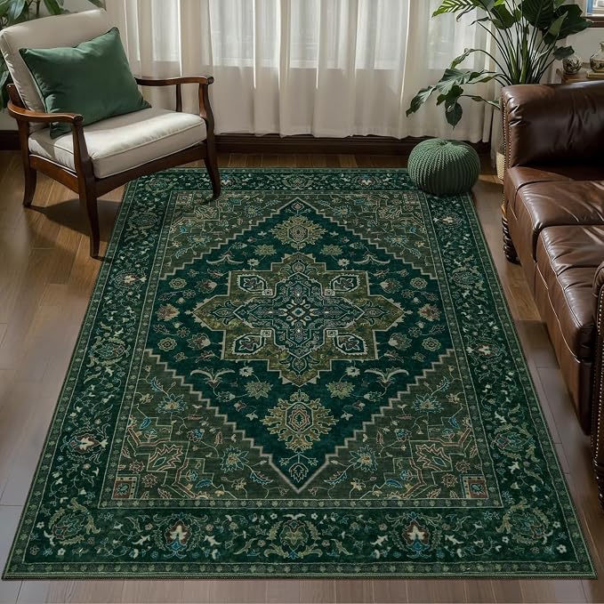 Tangsoo 3x5 Washable Rug Indoor Area Rugs, Vintage Non Slip Accent Rug Carpet, Oriental Soft Low Pile Rugs for Living Room Dorm Bedroom Bedside Entryway Bathroom Home Decor Dark Green
