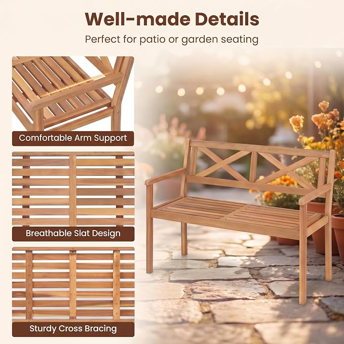 Giantex 2-Person Outdoor Bench, 47" Patio Acacia Wood Loveseat with Slatted Seat, Armrests & X-Shaped Backrest, Wooden Garden Seating for Backyard, Porch, Deck, Poolside