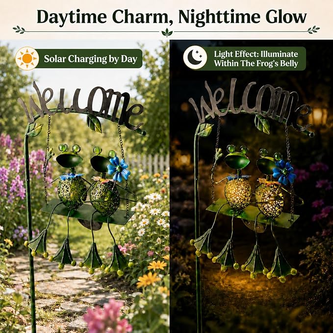 Solar Frog Garden Stake Lights Outdoor Waterproof, Frog Couple Swing Yard Light with Welcome Sign, Metal Garden Decor for Yard Pathway Porch, Garden Stake Light Gift for Women Mom (48 Inch)