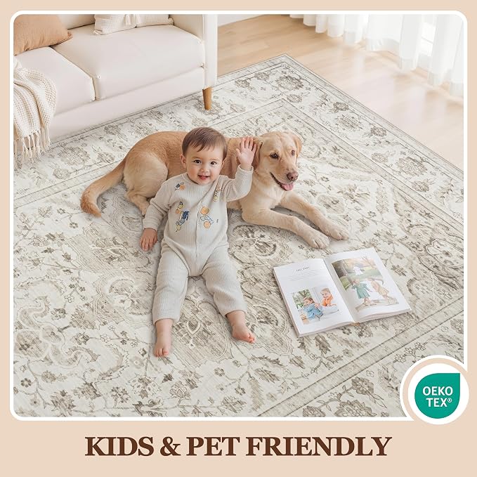 Washable 9x12 Area Rugs for Living Room Beige White Non-Slip Rug | Vintage Medallion Rug，Soft Low Pile Large Rugs，Indoor Retro Carpet for Bedroom Nursery Dining Table Farmhouse Home Office