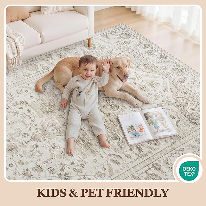 Washable 6x9 Area Rugs for Living Room Beige White Non-Slip Rug | Vintage Medallion Rug，Soft Low Pile Large Rugs，Indoor Retro Carpet for Bedroom Nursery Dining Table Farmhouse Home Office