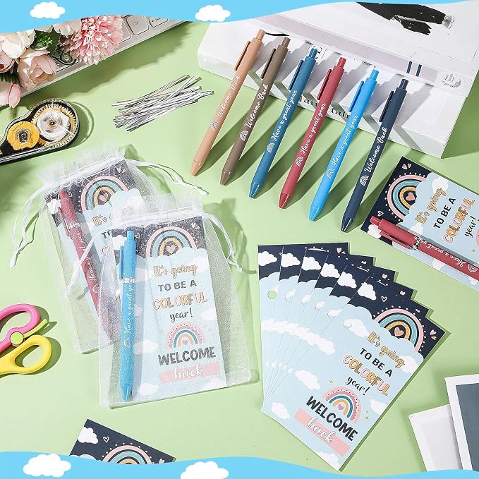 Marspark 30 Set Boho Welcome Back to School Gifts Bulk Rainbow Ballpoint Pens and Greeting Cards Set with Bags Twist Ties First Day of School Gifts for Teacher Student Classroom Party Favors Supplies