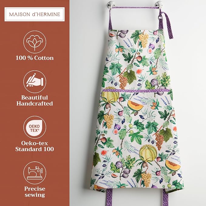 Maison d' Hermine Aprons for women with Pocket 100% Cotton (27.50"x31.50") | Adjustable Neck Strap & long ties Apron Men Chef Wedding Cooking Gardening Server Maid