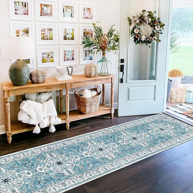 U'Artlines 2' x 12' Boho Hallway Runner Rug, Washable Carpet, Teal | Non Slip, Vintage Farmhouse Accent Area Rug Carpet, for Kitchen Entryway Laundry and Living Room