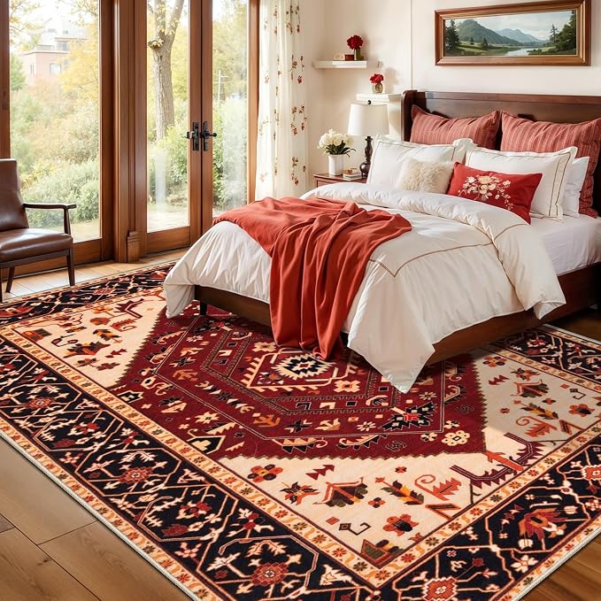 SERISSA 5x7 Washable Non Slip Boho Area Rug for Living Room，Red Black | Ultra Soft Vintage Oriental Carpet Low-Pile Distressed Tribal Throw Carpet for Bedroom Dining Room Dorm Office Home Decor
