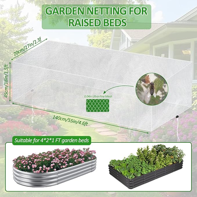 2 Pack Garden Netting for Raised Beds, 4x2FT Raised Bed Cover for Garden Protection, Ultra Fine Mesh Bird Netting Pest Barrier Screen with Drawstring for Protecting Vegetables Fruits Flowers