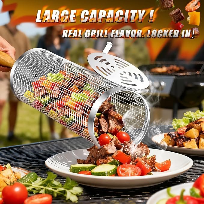 Rolling BBQ Basket for Outdoor Grill, Grilling for Vegetable/Veggies 2pcs | Stainless Steel Roll Barbeque Basket with Handle Heat Resistant, Non-slip Large Capacity to Grill Seafood Sausage for Camping