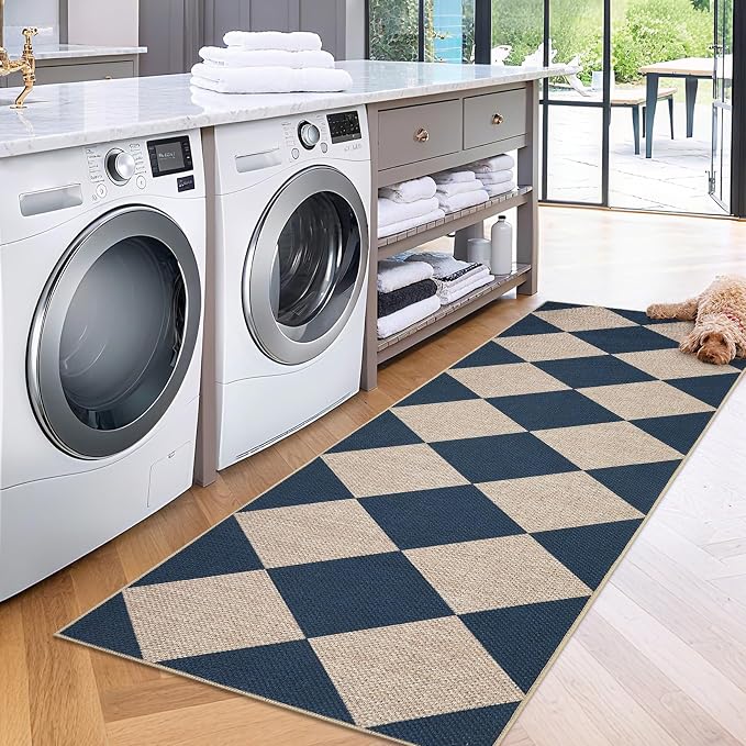 GarveeHome Easy Jute Rugs 2x8 Checkered Kitchen Runner Rugs Non Skid Washable Stain Resistant Indoor Outdoor Rugs for Living Room, Bedroom, Dining, Patio - Farmhouse Style Navy Blue