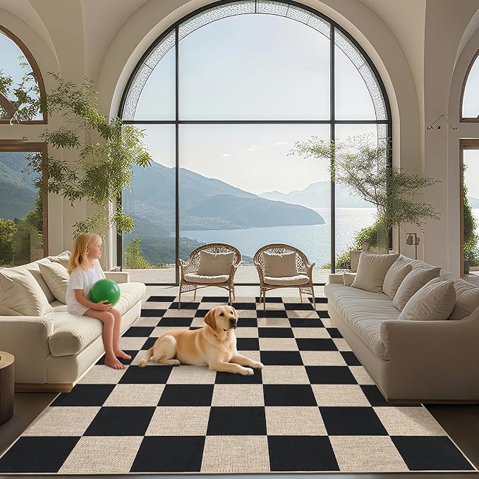 GarveeHome 9x12 Checkered Easy Jute Rugs for Bedroom Machine Washable Large Rugs Non-Slip Backing Modern Neutral Stain Resistance Carpets for Farmhouse Patio Dining Room Backyard Black