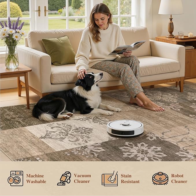 UERMEI 10x12 Area Rug for Living Room, Washable Brown Modern Geometric Patchwork Non Slip Stain Resistant Low Pile Foldable Carpet for Bedroom Dining Farmhouse Home Office