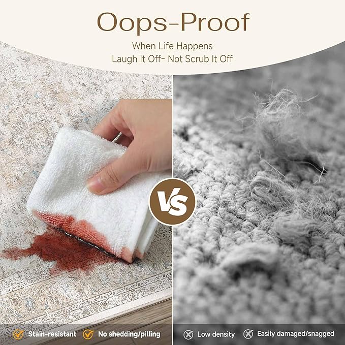 5x8 Washable Area Rug Beige Grey Non Slip Vintage Carpet | Low Pile, Stain Resistant, Living Room, Kitchen, Bedroom, Nursery, Office, Dining Room, Soft, Thin, Lightweight