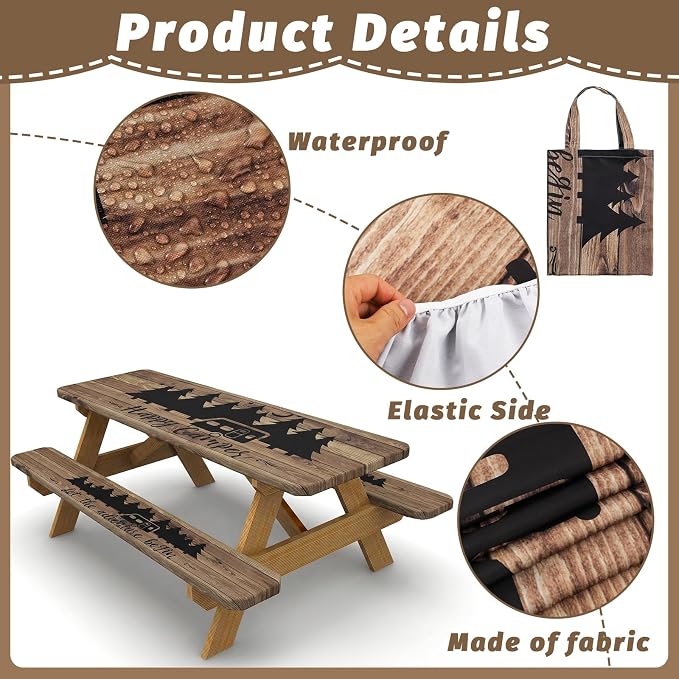Picnic Table Cover with Bench Covers Elastic Edges Camping Essentials 4 Pcs Wood Grain Waterproof Oil-Proof Tablecloth with Handbag for RV Accessories Farmhouse Camping Rustic Party Decor 72 IN