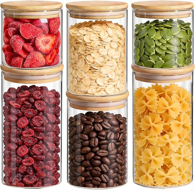 ComSaf Glass Storage Containers with Lids, Set of 6 Jars (0.6Qt/1Qt/1.5Qt) | Glass Pantry Storage Containers , Pantry Organization, BPA Free, Dry Food Storage Jar, Flour Cereal Sugar Tea Coffee Beans