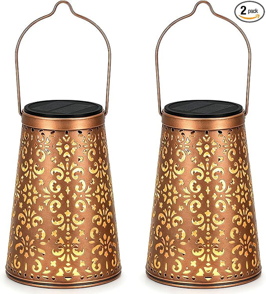 LeiDrail 2 Pack Hummingbird & Flower Solar Lanterns Outdoor, Hanging Waterproof Vintage Metal Lantern, Auto On/Off Garden Patio Yard Porch Pathway Decor, Gifts for Women Mom Grandma