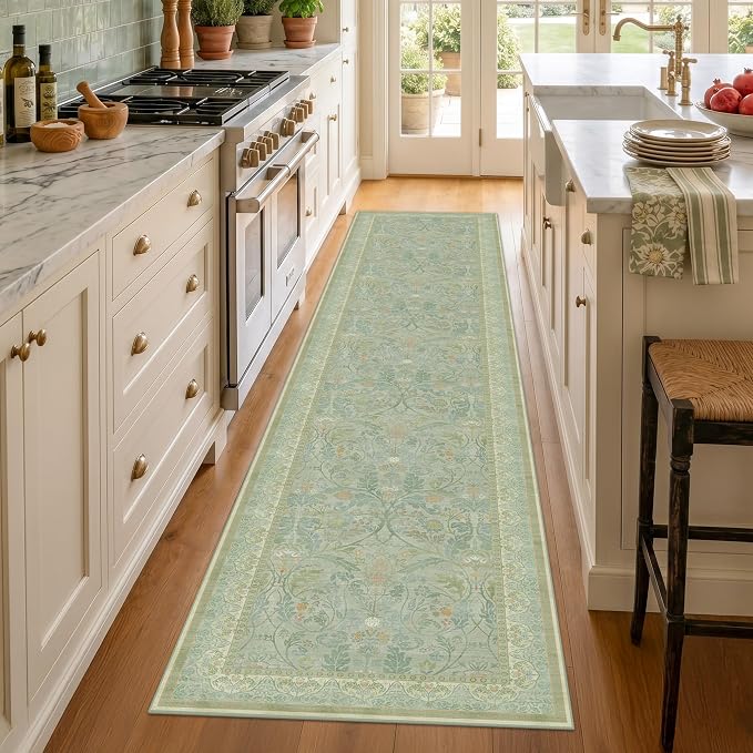 Cottagecore 2x10 Long Runner Rugs for Kitchen Hallway, Low Pile & Soft Forest Green Rug for Entry Door Mat, Floral Pattern Carpet with Non Slip Stain Resistant