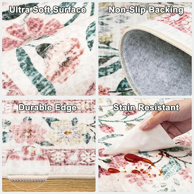 PLHXFR 8x10 Area Rug Living Room: Floral Washable Boho Carpet Pink Green | For Bedroom Dining Room Farmhouse Nursery Hallway,Vintage Floral,Machine washable,Non Slip,Stain Resistant,Large Indoor