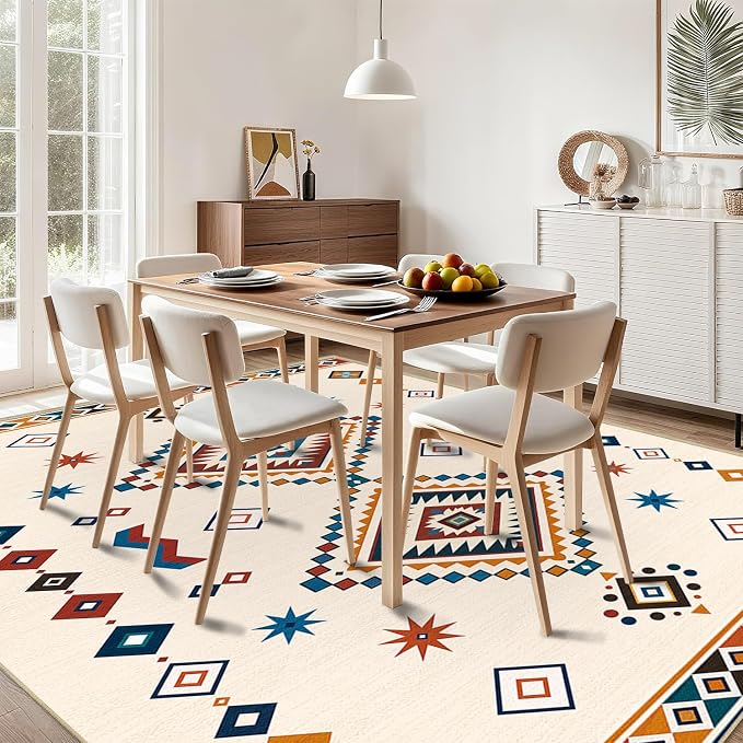 Moroccan Rug 4x6 Area Rug Boho Geometric Western Tribal Rug Soft Southwestern Washable Rugs Non Slip Low Pile Carpet for Living Room Bedroom Dining Room Home Office
