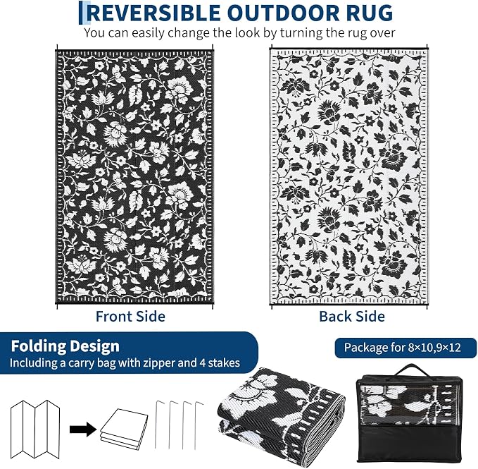 Garvee 5x8 Outdoor Rug Waterproof Vintage Floral Plastic Straw Rugs, Camping Rugs for Outside Your RV, Foldable Lightweight Reversible Carpet with Portable Bag for Patio Backyard Beach Camper, Black