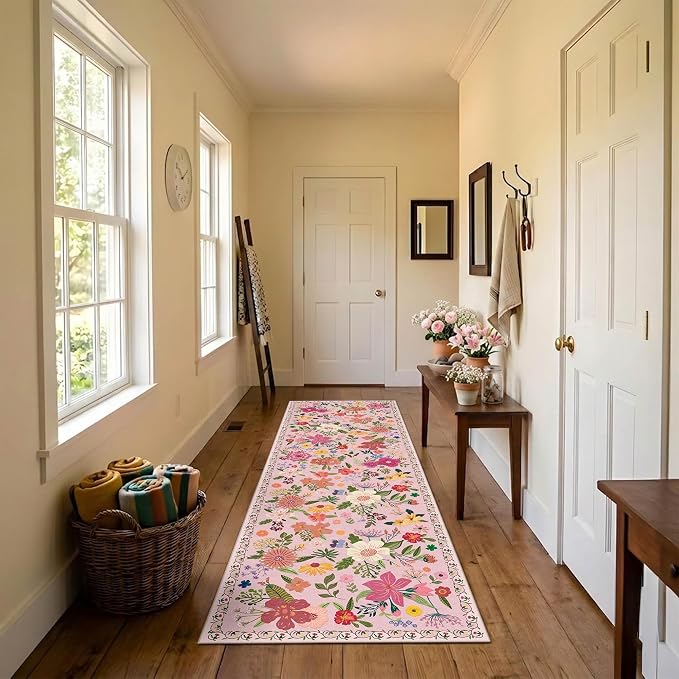 Latte&Fog Washable Hallway Runner Rug 2x6 Non Slip Pink Rugs for Kitchen | Low Pile Soft Cute Throw Rug Doormat for Entrance Bathroom Laundry Bedside Bedroom Nursery Playroom Hallyway Dorm Office