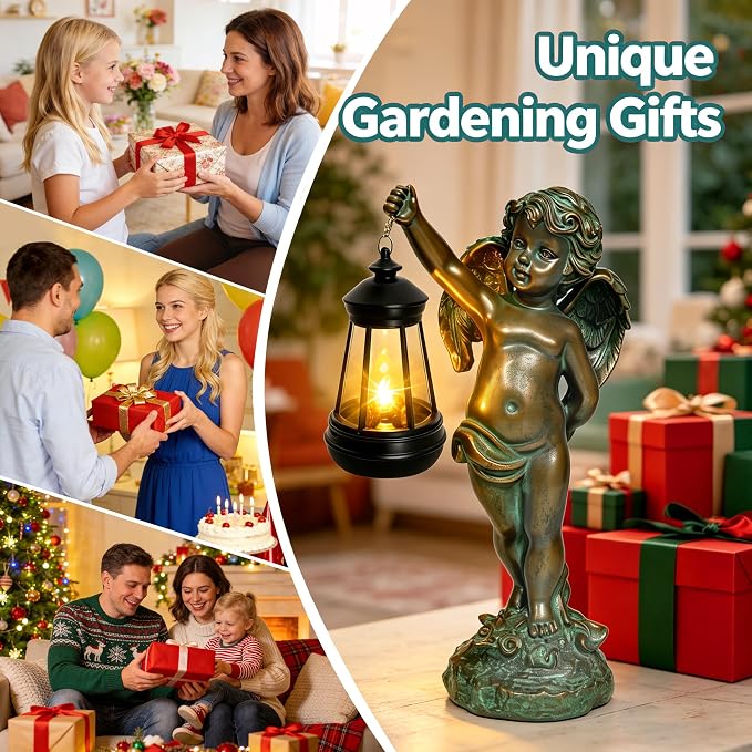 Solar Angel Garden Statues, Outdoor Angel Solar Hanging Lights Waterproof, Birthday Gifts for Mom Women Mother's Day, Cupid Boy Garden Figurines for Yard Decor Patio Porch Lawn Ornaments
