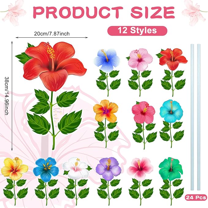 Menkxi 12 Pcs Hawaiian Luau Yard Signs Summer Hibiscus Lawn Sign Tropical Flower Yard Stake Waterproof Luau Outdoor Decorations for Happy Hawaiian Wedding Summer Party Garden Home Decor