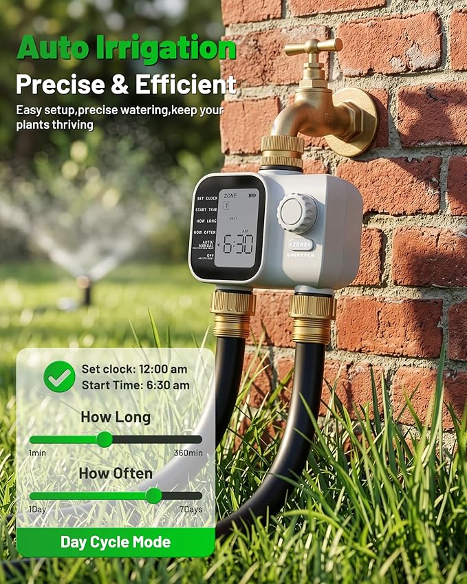 [2026 Upgrade] 2 Zone Sprinkler Timer with Brass Inlets & Outlets, Unistyle Programmable Water Timer for Garden Hose, IP55 Waterproof Hose Timers with Manual Irrigation Timers for Yard and Lawn Patio
