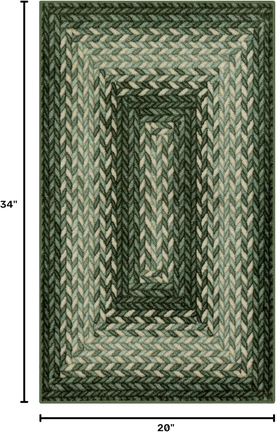 Maples Rugs Marion Bohemian Braided-Style Print Area Rug – Made in USA – Washable, Non-Slip Low-Profile Indoor Throw Rug for Foyer, Kitchen & Bathroom, 34" x 20", Green