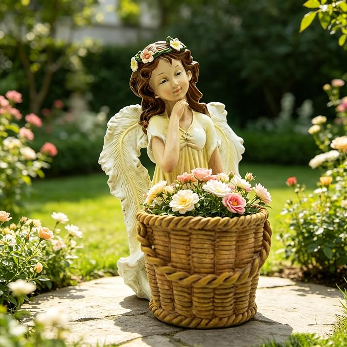 Garden Angel Planter, 11.8 inch Decorative Resin Fairy Flower Pot, Hand Painted Outdoor Patio Figurine