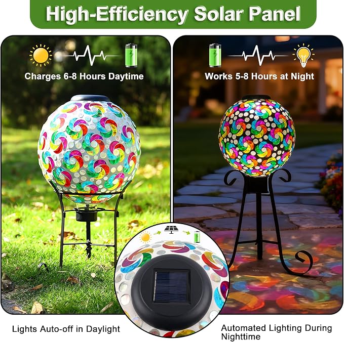 SAVENNA Mosaic Solar Gazing Ball 10 Inch, Glass Garden Globe with Auto On/Off for Yard, Lawn & Outdoor Decor, Multicolor Mosaic