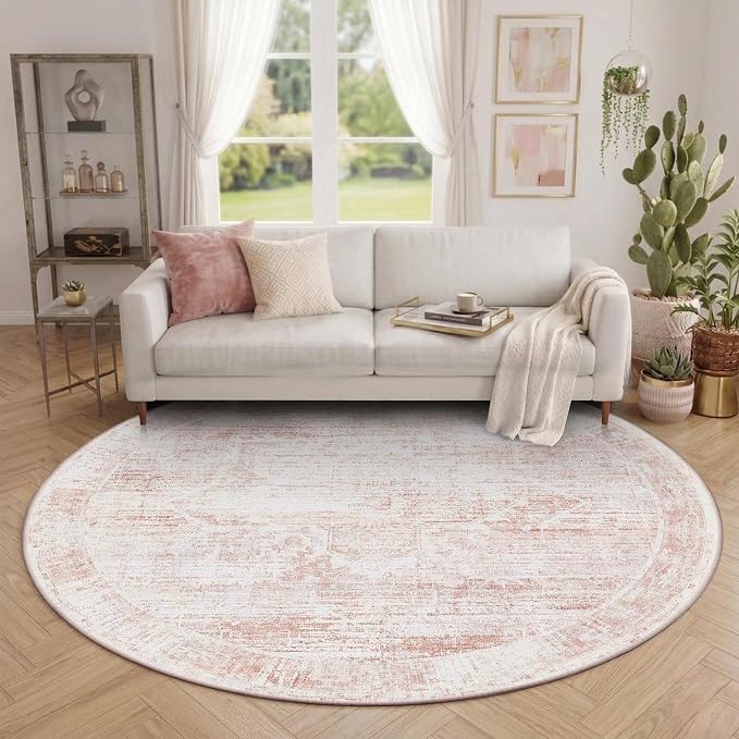 Latte&Fog 6ft Pink Round Area Rug for Girl Bedroom Washable Cute Circle Rug | Non Slip Low Pile Soft Floral Indoor Carpet for Living Room Kids Playroom Nursery Classroom Dorm Decor Dining Kitchen Office