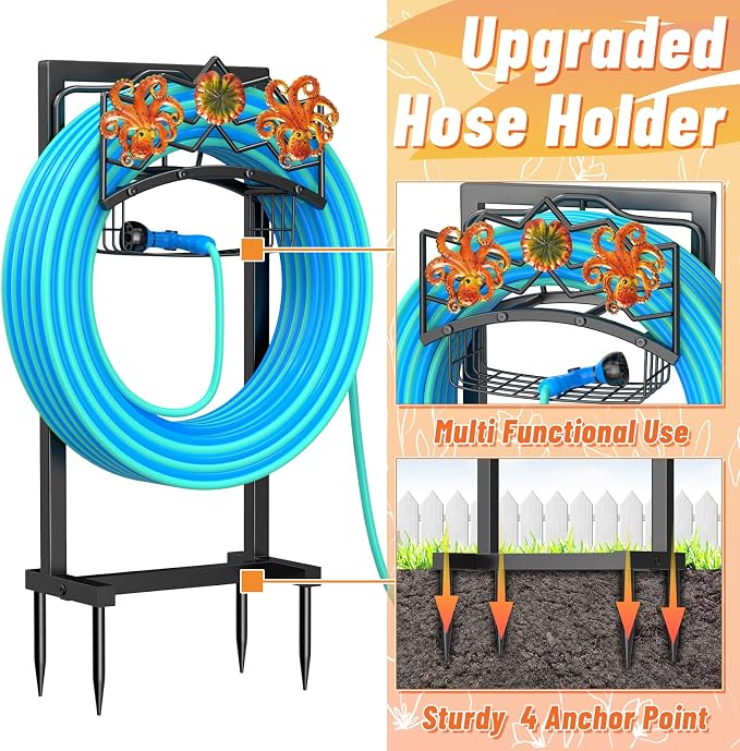 Garden Hose Holder for Outside, Freestanding Water Hose Holder Storage with Storage Basket, Heavy Duty Metal Hose Reels Hanger Stand Organizer with 4 Spikes for Yard Lawn Black