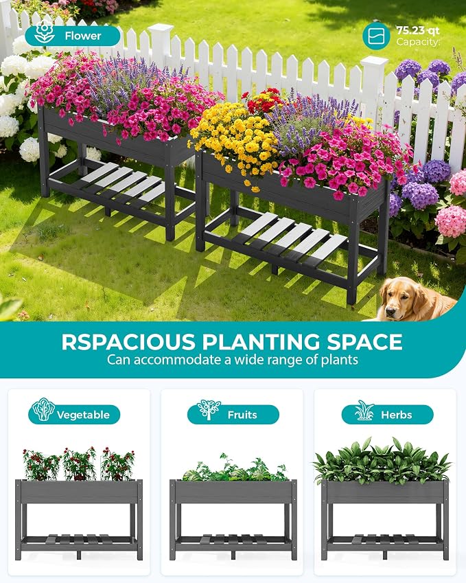 SERWALL Raised Garden Bed with Legs Set of 2, 43"×17"×30" Large HDPE Elevated Planter Box for Vegetables Flower Herb Patio, All Weather Use- Gray