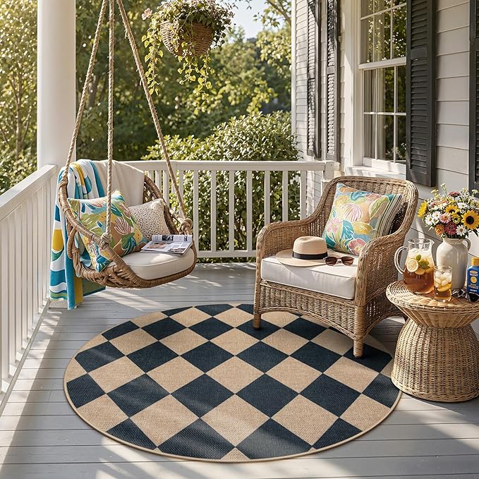 Lahome Colette Checkered Round Entryway Rug 4ft, Circle Indoor Outdoor Patio Rug Washable Farmhouse Easy Jute Kitchen Rugs, Contemporary Non Slip Round Carpet for Bedroom Front Porch