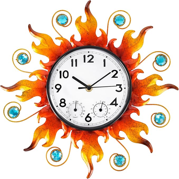 Sun Outdoor Clock with Thermometer and Hygrometer Combo，13'' Wall-Mounted Outdoor Clocks Waterproof Silent No-Ticking for Home, Office, Bedroom, Living Room, Kitchen, Bathroom, Outdoor use