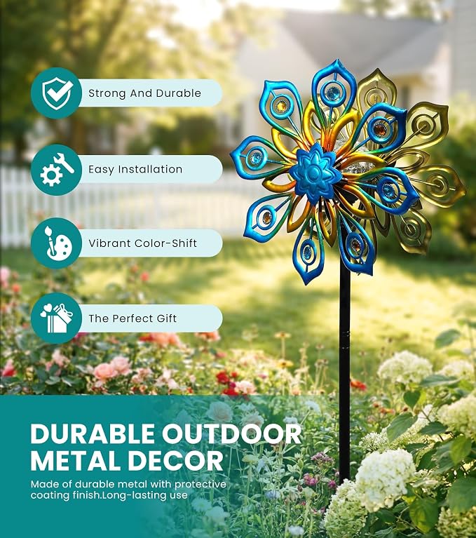 63" Solar Wind Spinners Outdoor, 13" Metal Kinetic Garden Art Decor | Artisan Hand-Crafted,Weather-Resistant,Heavy-Duty,Whisper-Quiet Bearings,Auto-Glow Solar Crackle,Stable 5-Prong Ground Stake