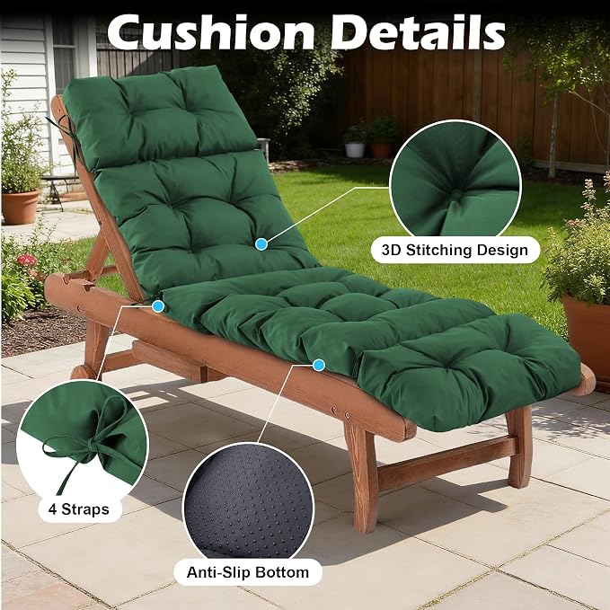 2 Pcs Chaise Lounge Cushions Outdoor,Waterproof & Fade Resistant Patio Lounge Chair Cushions for Outdoor Furniture, Chaise Cushion with Ties for Pool, Lawn and Beach, 75.1x22.8x4.7 Inch, Forest Green