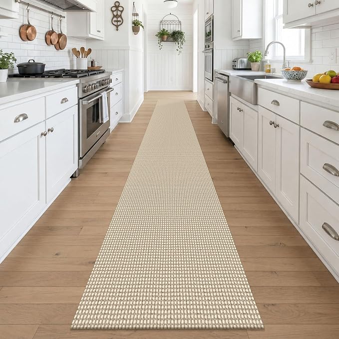 KOZYFLY Braided 2x18 Runners Rugs for Hallway, Extra Long Washable Runner Rug, Woven Non Slip Kitchen Runner, Cotton Entryway Rug, Floor Carpet for Entry, Aisle, Hall, Ivory/Camel/Brown