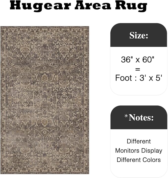 3x5 Brown Vintage Floral Washable Area Rug for Entryway | Low Pile, Non Slip, Retro Style, Soft Distressed Indoor Rug for Bedroom, Dining Room, Kitchen, Entrance, Home Decor