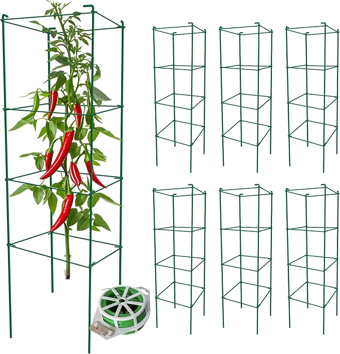 Thealyn Tomato Cages 6 Packs 46 Inches (H) Plant Stand with 164 Feet Twist Ties, Heavy Duty Garden Plants Support for Tomatoes, Cucumber, and Other Climbing Plants (Green)
