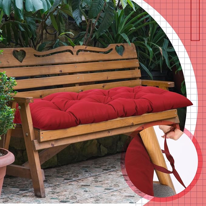 Wenqik Outdoor Bench Cushion 44 x 19 x 5 Inch Waterproof Patio Swing Cushion with Removable Zippered Cover Adjustable Ties Seat Pad for Porch Bench Garden Loveseat (Brick Red, Classic)