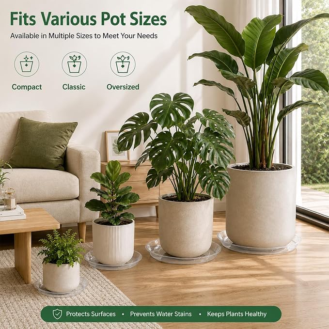 4 Pack 16 17 18 19 20 21 22 Inch Clear Plastic Plant Saucers for Indoors, Durable Plant Trays for Pots and Plant Water Catcher Tray with No Holes, Reusable Plastic Tray for Plant (18''-4Pack)