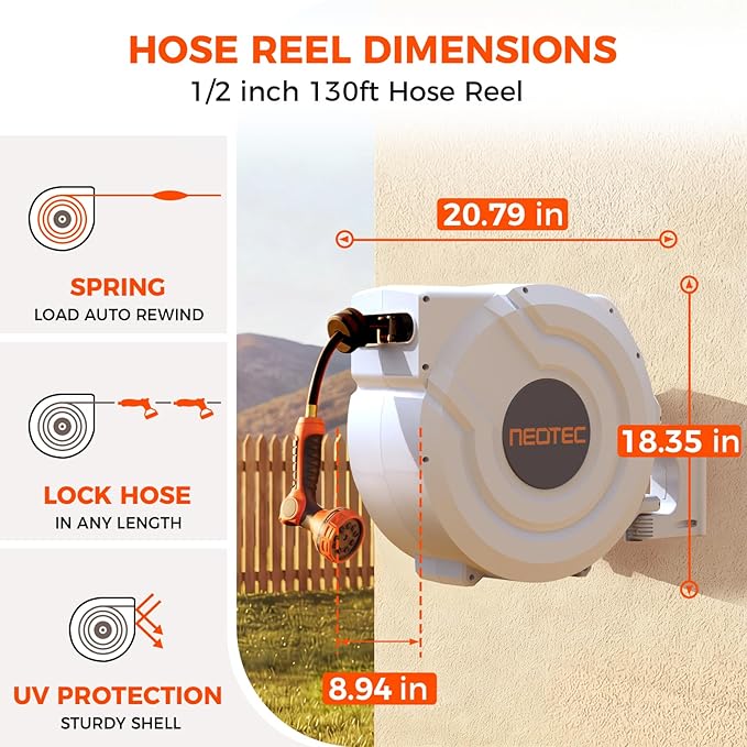 Upgraded Retractable Garden Hose Reel 1/2 inch x 130 ft Wall-Mounted 9 Pattern Nozzle Any Length Lock Automatic Slow Return 180° Swivel UV Resistant Heavy Duty Hose Reels for Outside