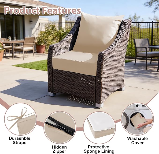 Outdoor Deep Seat Cushion Set, 24x24 Inch Water-Resistant & Fade-Resistant Outdoor Chair Cushions, Patio Furniture Cushions with Removable Cover for Patio Chair, Sofa, Beige (Set of 1)