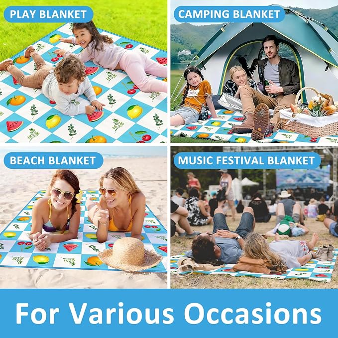 Checkered Picnic Blankets Waterproof Foldable, 60″X80″ Packable Picnic Mat Fruit Outdoor Blanket for Grass, Large Beach Blanket Sandproof Picnic Accessories for Camping Music Festival Park Lawn Travel